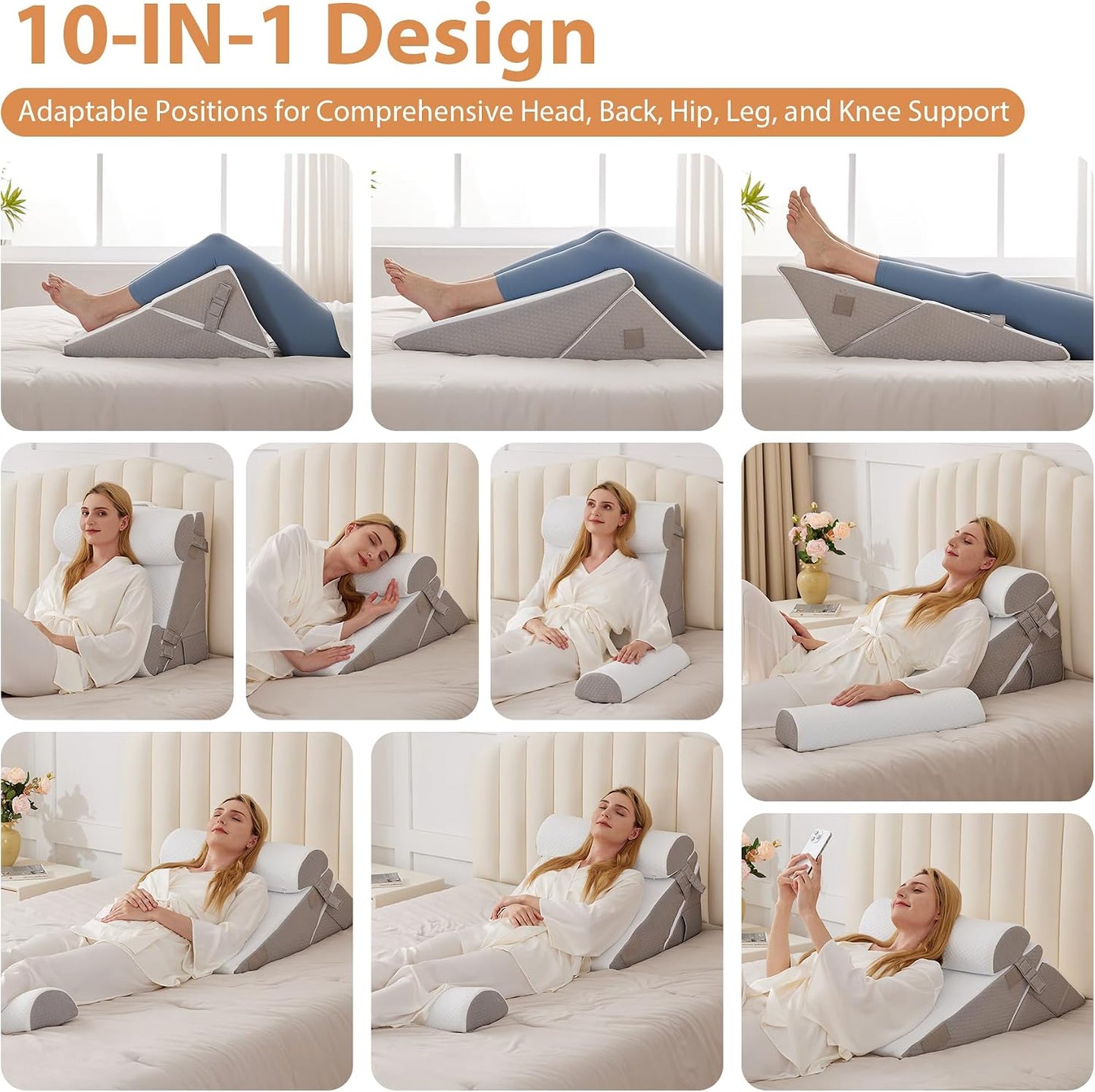 BIEEZZK Wedge Pillow Set for After Surgery, Wedge Pillow for Acid Reflux, Bed Wedge Pillow with Adjustable 9&12inch for Headboard,Sleeping, Orthopedic Memory Foam for Neck&Back Support, White/Grey