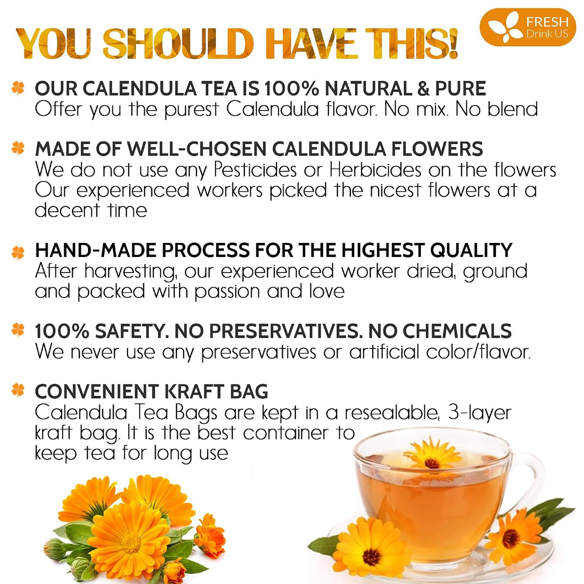 FreshDrinkUS, Premium Calendula Flower Tea, 55 Count, Pure, Caffeine Free