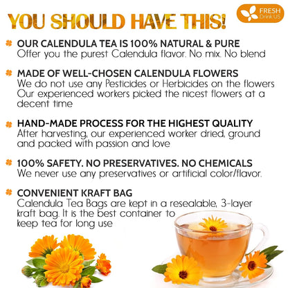 FreshDrinkUS, Premium 135 Calendula Tea Bags, 100% Natural and Pure Calendula Flowers, Eco-conscious Tea Bags. Herbal Tea. No Sugar, No Caffeine, No Gluten, Vegan.