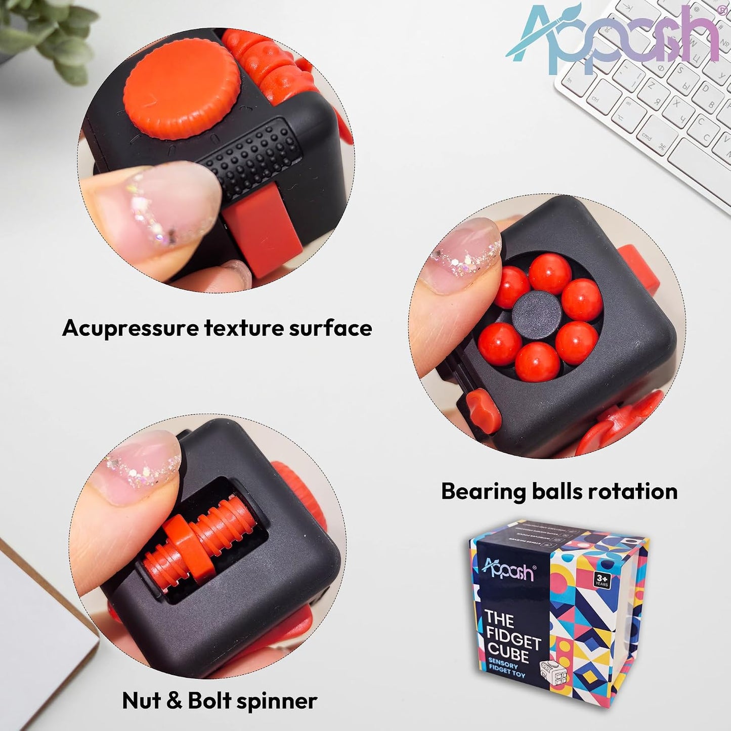 Fidget Cube - 9-in-1 Sensory Desk Toy ADHD Anxiety Relief [BlkRed] | Silent office desk toy, features ACU rollers, clickable fan, pen slider, bearing balls, ultimate focus decompression pack