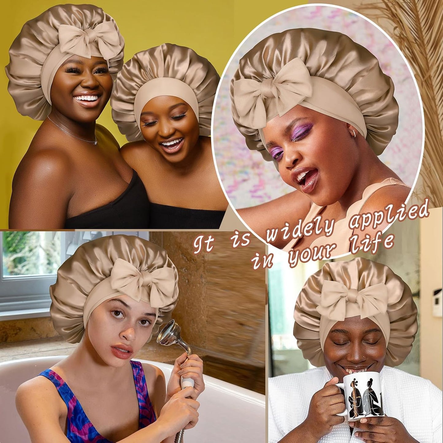 Satin Bonnet for Sleeping Cap Double Layer Hair Bonnet with Elastic Tie Band for Curly Hair Night Cap (Bean Paste + Pink)