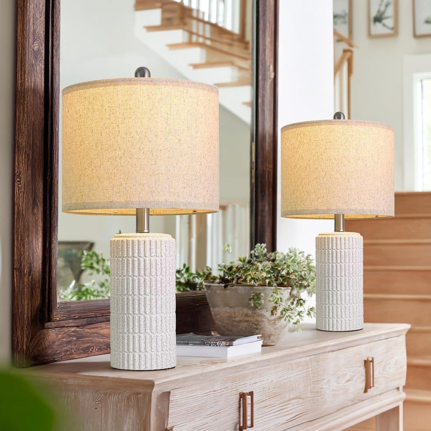 PoKat 20.75" Small Modern Ceramic Table Lamps Set of 2 for Bedroom, White Bedside Lamps for Night Stands, Farmhouse Desk Home Decor Gift Nightstand Table Lamps for Living Room End Table Beige