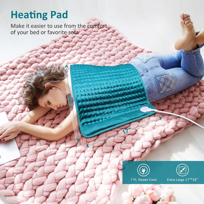 Heating pad for Back/Shoulder/Neck/Abdomen, Heating Pads with 6 Fast Heating Settings, Auto-Off, Machine Wash, Birthday Gifts for Women Mom Men Dad, Extra Large 12"x24", Blue