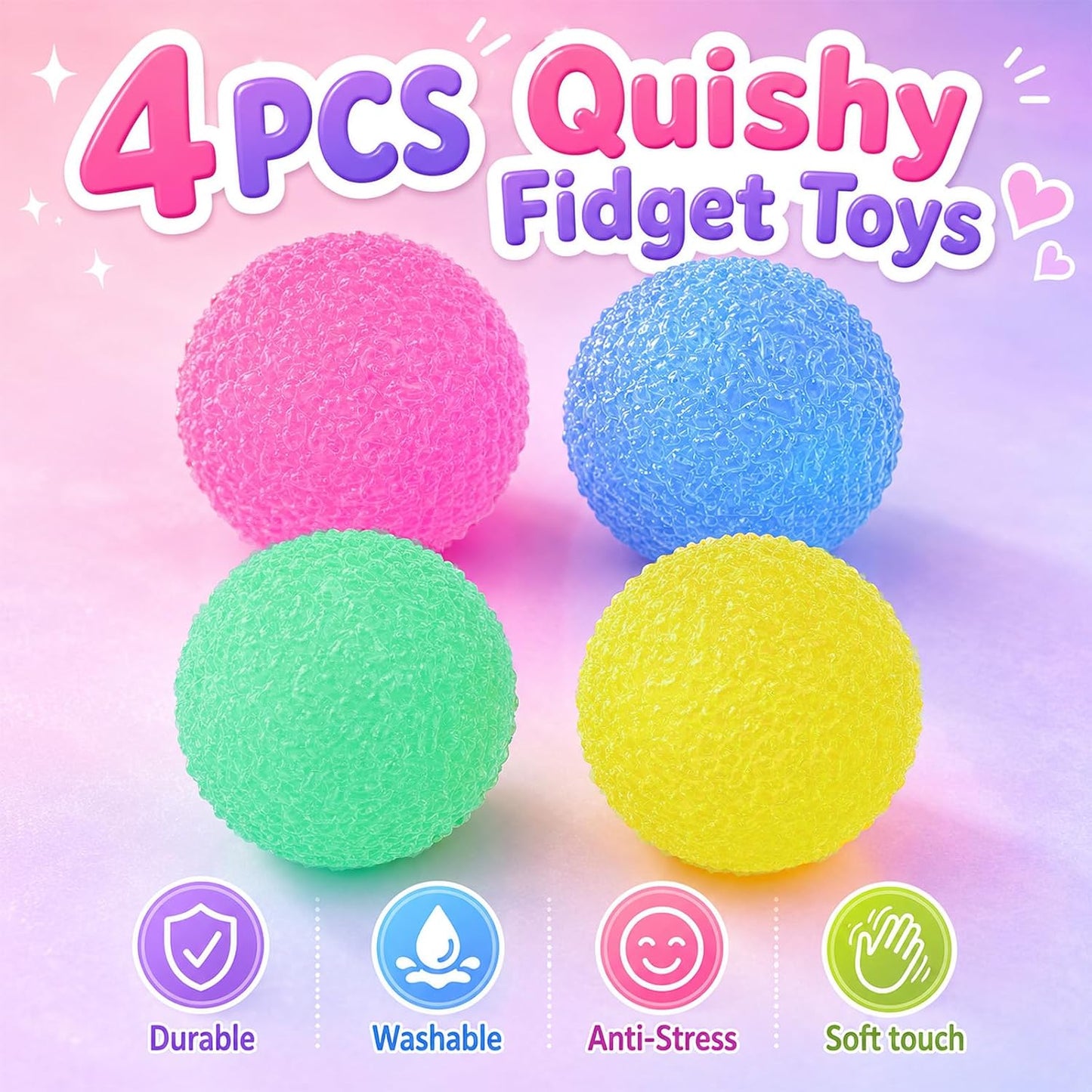 4PCS Textured Stress Balls, Squeeze Balls Fidget Balls for Anxiety Stress Relief, Squishies Fidget Toys for Teens and Adults, Sugar Balls for Classroom Prize Favors Easter Basket Stuffers