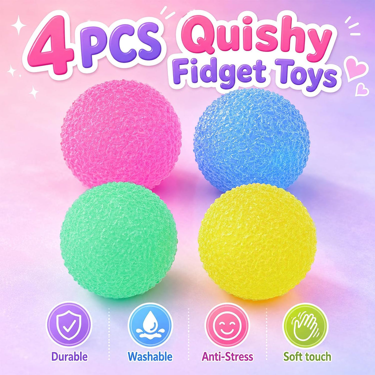 4PCS Textured Stress Balls, Squeeze Balls Fidget Balls for Anxiety Stress Relief, Squishies Fidget Toys for Teens and Adults, Sugar Balls for Classroom Prize Favors Easter Basket Stuffers