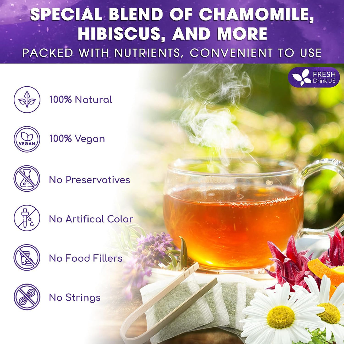 FreshDrinkUS, Refreshing Mint Herbal 60 Tea Bags – Special Blend of Spearmint and Peppermint with Chamomile, Caffeine-Free, Naturally Sweet, Non GMO