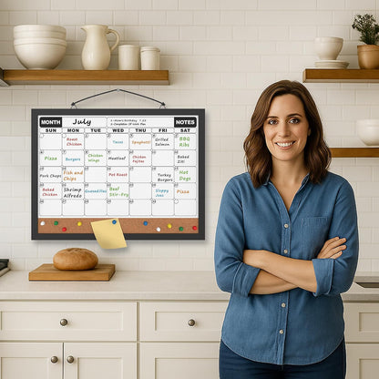 Monthly Calendar Dry Erase Board 16x12 Inch, Double-Sided Whiteboard and Corkboard Combo, Wall Mounted Planner Organizer with Markers, Magnets, Push Pins, Eraser, for Home Office School