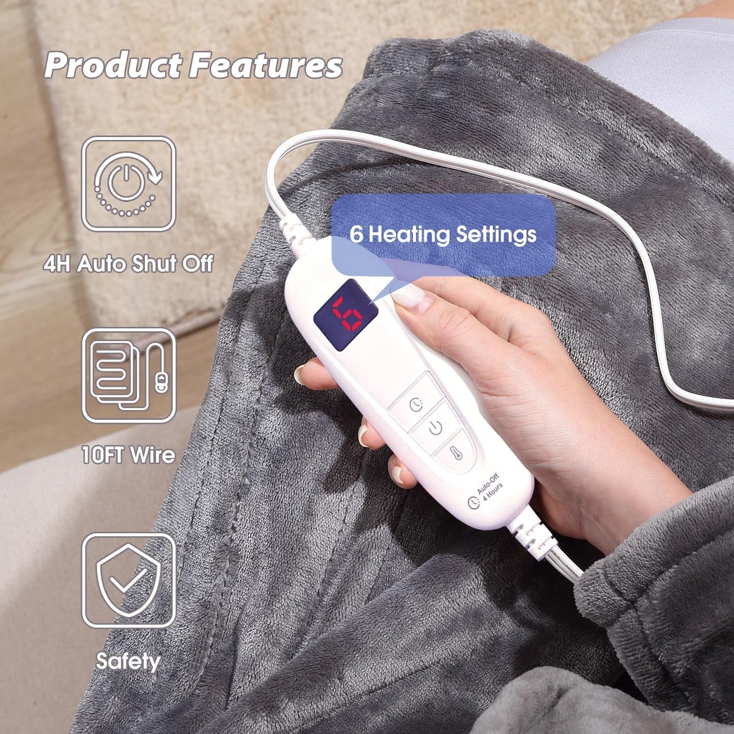 Tefici Heated Blanket Throw 50"x60", Ultra Soft 2-Layer Flannel Electric Blanket, for Home Office Sofa,3 Heat Settings, 4H Auto Off, ETL FCC Certified, Overheat Protection, Machine Washable, Camel