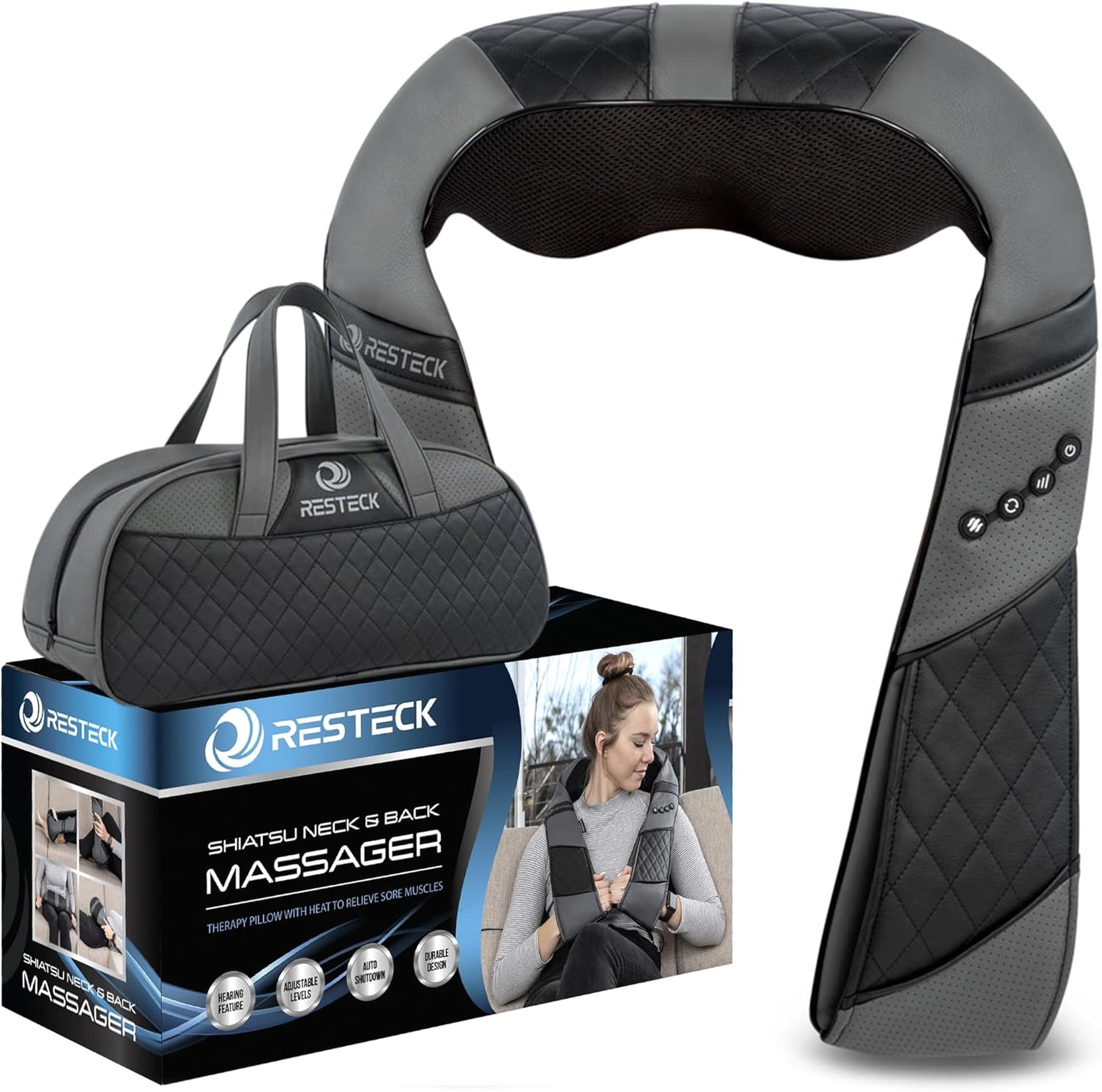 RESTECK Massagers for Neck and Back with Heat - Deep Tissue 3D Kneading Pillow, Electric Shiatsu Shoulder Massage, Foot, Legs,Body - Relieve Muscle Pain - Office, Home & Car
