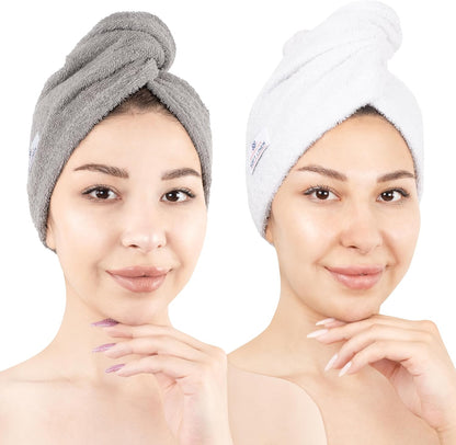 American Soft Linen 100% Cotton Hair Towels for Women, Head Towel Cap, Cotton Hair Turban Towel Wrap for Long Curly Anti Frizz Hair, Soft and Absorbent Cotton Hair Towels 2 Pack, White