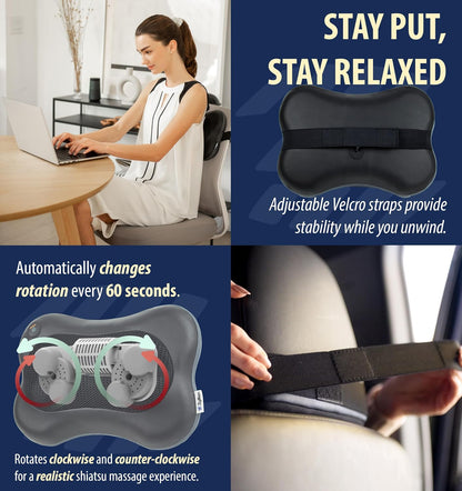 Zyllion Shiatsu Back and Neck Massager with Heat - 3D Electric Kneading Deep Tissue Massage Pillow with 8 Massaging Nodes for Muscle Pain Relief, Black, ZMA-25