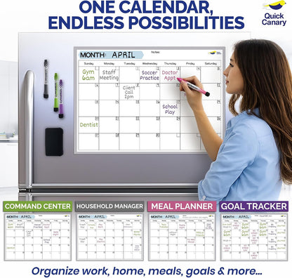 Monthly Magnetic Calendar for Refrigerator - 17x12” Stain-Resistant Dry Erase Fridge Calendar Whiteboard with Large Writing Space for Schedules, Chores & Meals - With 4 Markers & Eraser - Sunday Start