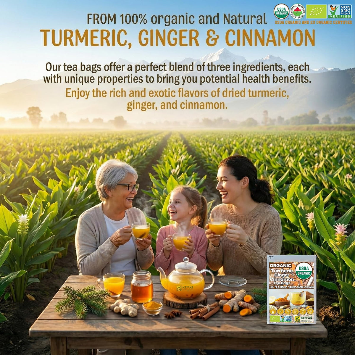 USDA Organic Turmeric Ginger Cinnamon Tea Bags (50 Count) ñ Supports Digestion, Brain, Skin, Sleep & Joint Mobility ñ Eco-Conscious, Caffeine-Free & Sugar-Free Herbal Wellness Tea ñ Vegan, Non-GMO Natural Root Blend