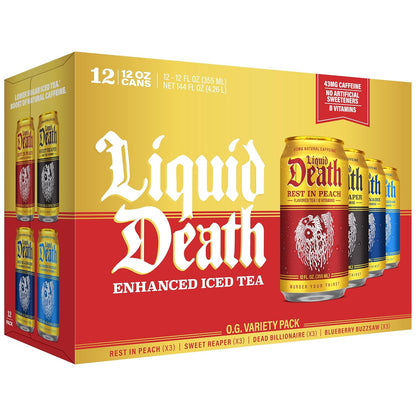 Liquid Death Iced Tea - O.G. Variety, Less Sugar*, Boost of Caffeine, B Vitamins, No Artificial Sweeteners, 4 Flavors: Tea/Lemonade, Rest in Peach, Sweet Reaper, Blueberry Buzzsaw, 12 Fl Oz (Pack of 12)