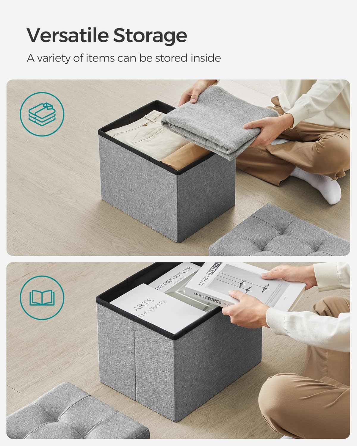 SONGMICS Mazie Collection - Small Folding Storage Ottoman, Foot Rest Stool, 12.2 x 16.1 x 12.2 Inches, 286 lb Load Capacity, for Living Room, Bedroom, Home Office, Dorm, Dark Gray ULSF102G01