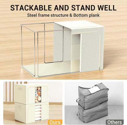 Clothes Storage Bins with Metal Frame Foldable Storage Box Clothes Organizers Storage Containers for Clothes Sheets Blankets Books Toys Gifts and Holiday Decorations (66Lx3 Pack)