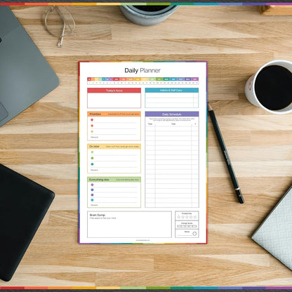 ADHD Daily Planner Notepad for Neurodivergent Adults - Productivity Daily Planner Desk Pad & Task Management to Stay Organized and Focused Note Pad (Rainbow, A4 Portrait)