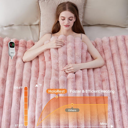 Heated Throw Blanket, Faux Fur Cozy Heating Blanket with Overheat Protection, 1/2/4/6/8 Hours Auto-Off 10 Heat Level, Machine Washable (50x60 Inches, Cream White)