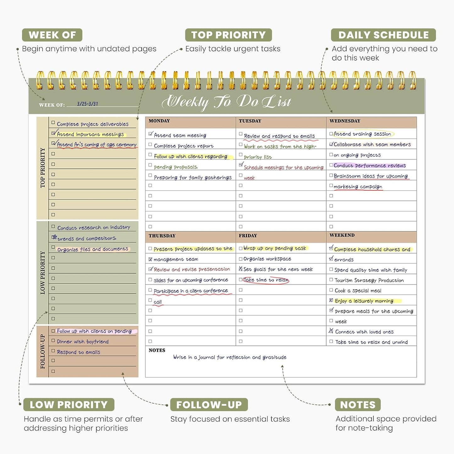 Weekly To Do List Notepad with 52 Undated Sheets（8.5"×11"）- Undated Weekly Planner Notepad for Office Desk Accessories and Supplies - Sunshine Petal