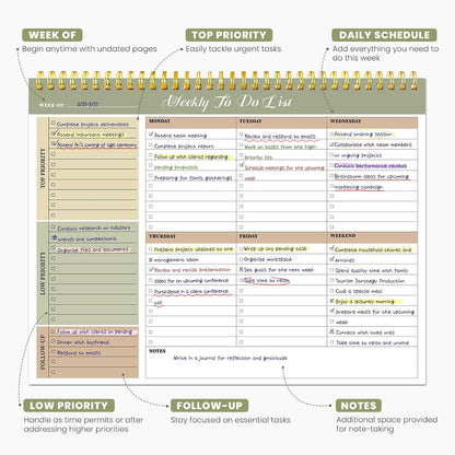 Weekly To Do List Notepad with 52 Undated Sheets（8.5"×11"）- Undated Weekly Planner Notepad for Office Desk Accessories and Supplies - Sunshine Petal