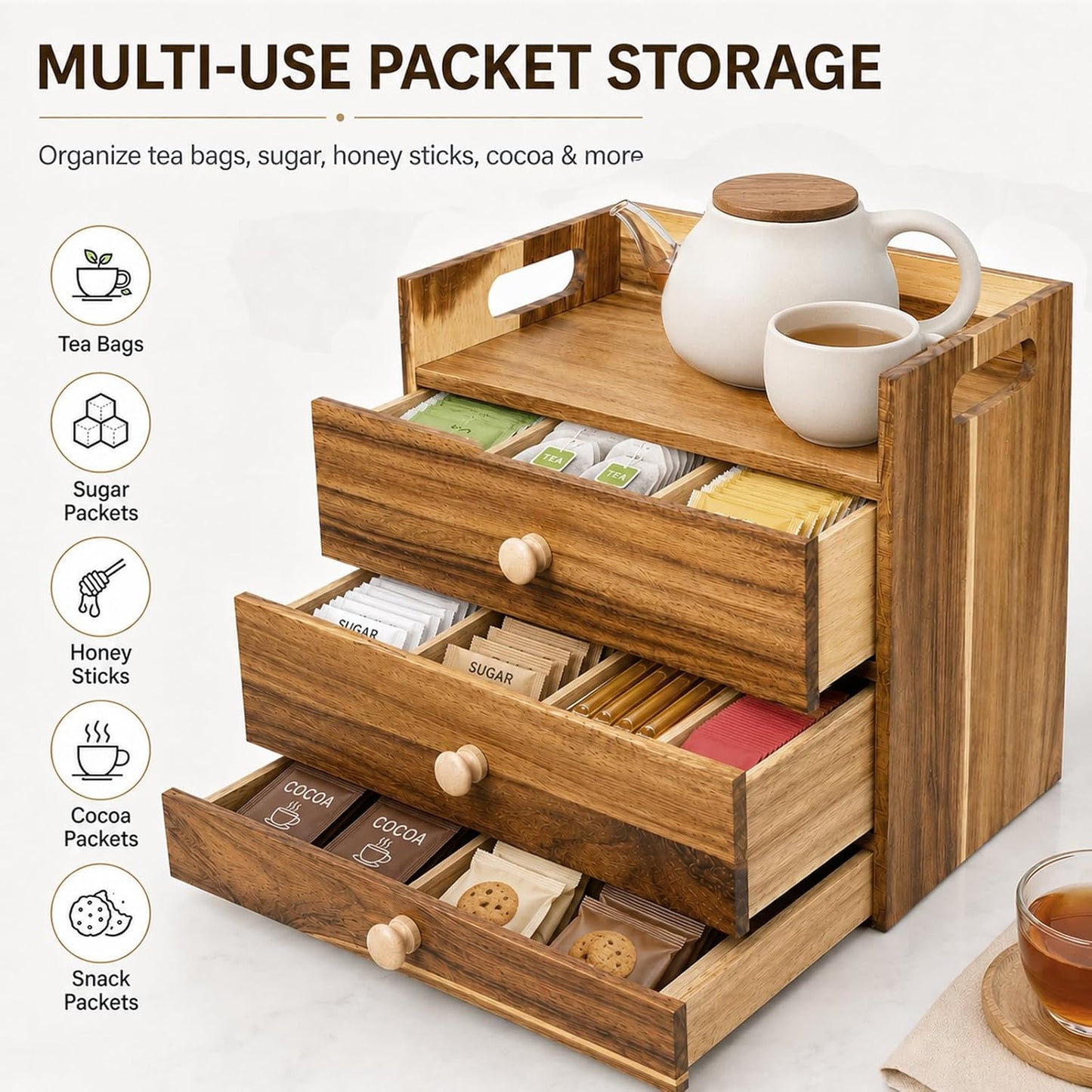 Acacia Wood Tea Bag Organizer, 3-Tier Tea Organizers with 14 Compartments