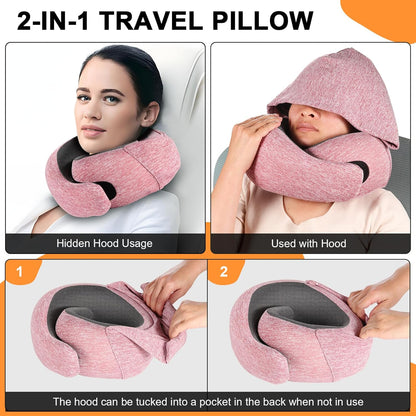 Travel Pillow - Hooded Neck Pillow Airplane Memory Foam Filling for Plane, Office, Cars Sleeping, Road Trip, Long Flights, Airplane Travel Essentials, Includes Eye Mask & Earplugs (Green)