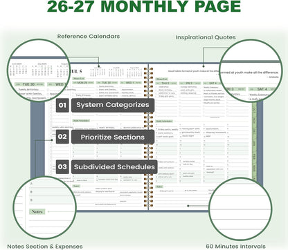 Appointment Book 2026-2027- Business Planner, JUL 2026 - JUN 2027,Planner 2026-2027, 3-Tier Schedule Planner, 8.74" x 11.38", 60 Minutes Intervals + Monthly Tabs + Leather Cover + Pocket - Pea Green