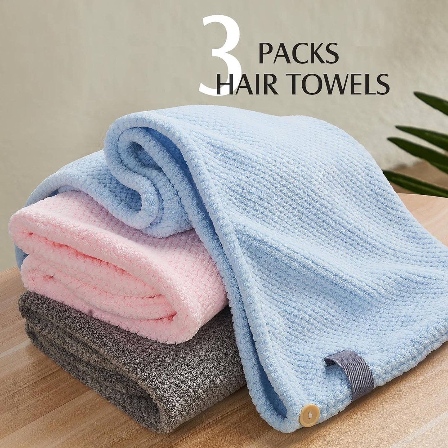 YFONG 3 Pack Large Microfiber Hair Towel Wrap, 30" x 10" Anti Frizz Quick Dry Hair Towels for Women Long, Curly, Thick Hair, Super Absorbent Hair Turban for Wet Hair (Grey, White, Camel)