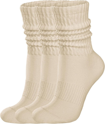 Womens Scrunch Crew Socks: Retro Solid Slouch Mid Calf Socks - Cotton Casual Athletic Socks