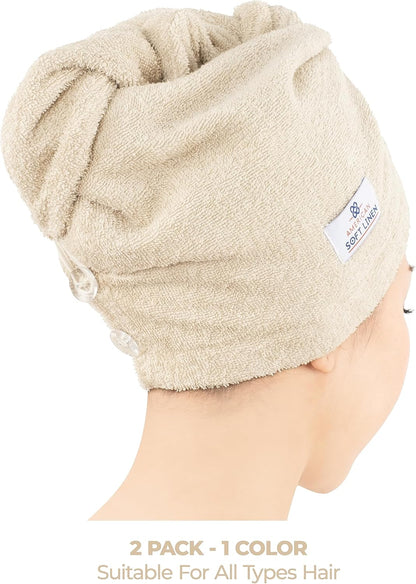 American Soft Linen 100% Cotton Hair Towels for Women, Head Towel Cap, Cotton Hair Turban Towel Wrap for Long Curly Anti Frizz Hair, Soft and Absorbent Cotton Hair Towels 2 Pack, White