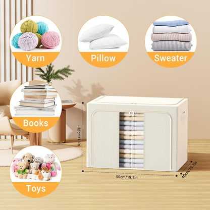 Clothes Storage Bins with Metal Frame Foldable Storage Box Clothes Organizers Storage Containers for Clothes Sheets Blankets Books Toys Gifts and Holiday Decorations (66Lx3 Pack)