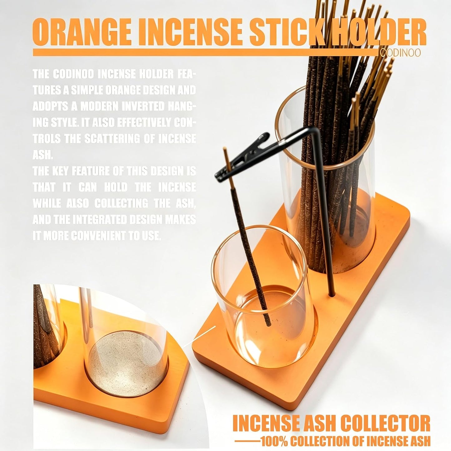 2 in 1 Incense Burner Holder for Sticks,Glass Incense Holder with Storage,Upside Down Incense Holder for Sticks with Glass Ash Catcher for Meditation Yoga Spa Room Home Decor[Full Black]