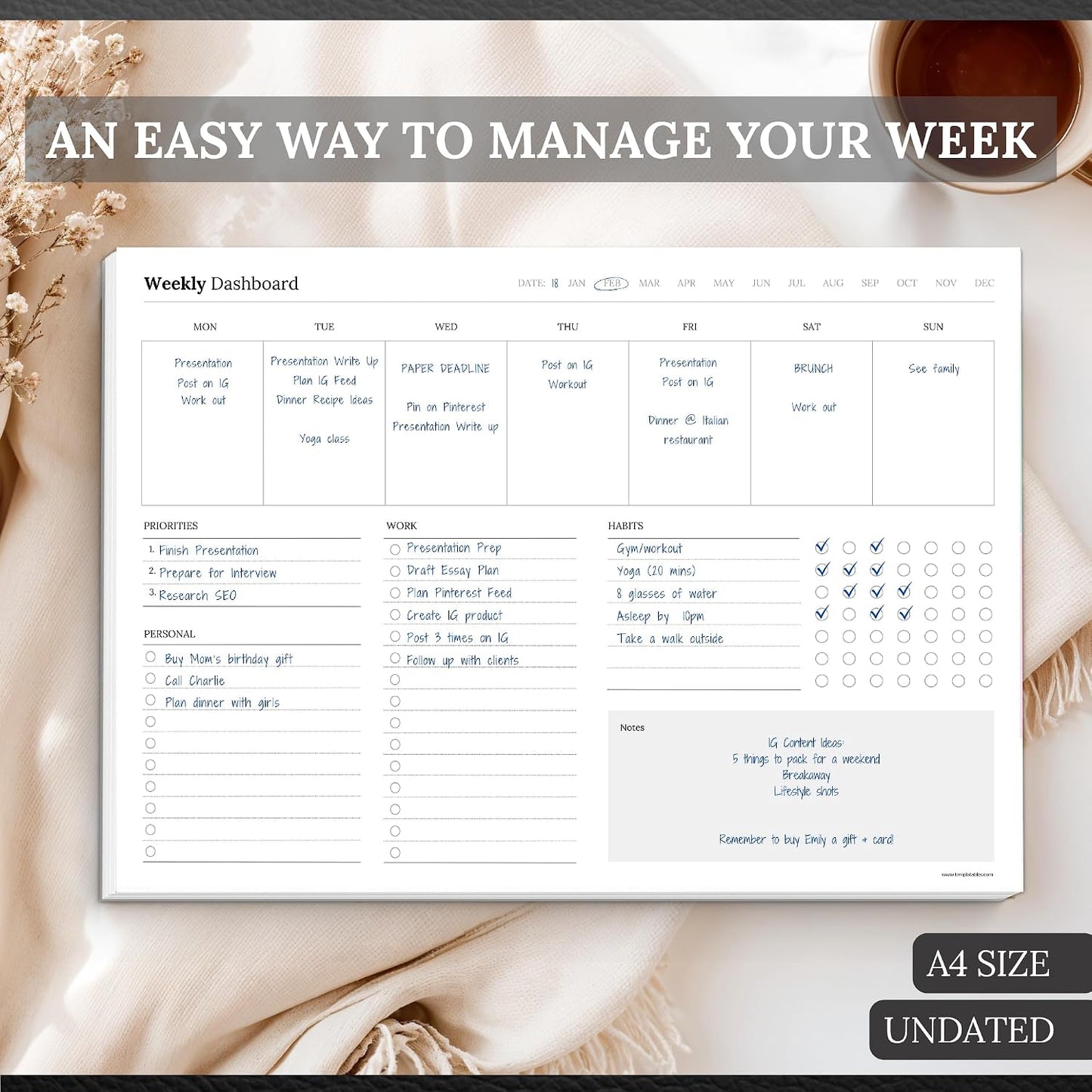 Weekly Dashboard To-Do List Notepad – Undated Weekly Planner with Habit Tracker & Notes – Minimalist A4 Layout for Productivity, Organization & Time Management (Colorful)