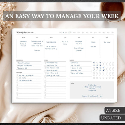 Weekly Dashboard To-Do List Notepad – Undated Weekly Planner with Habit Tracker & Notes – Minimalist A4 Layout for Productivity, Organization & Time Management (Colorful)