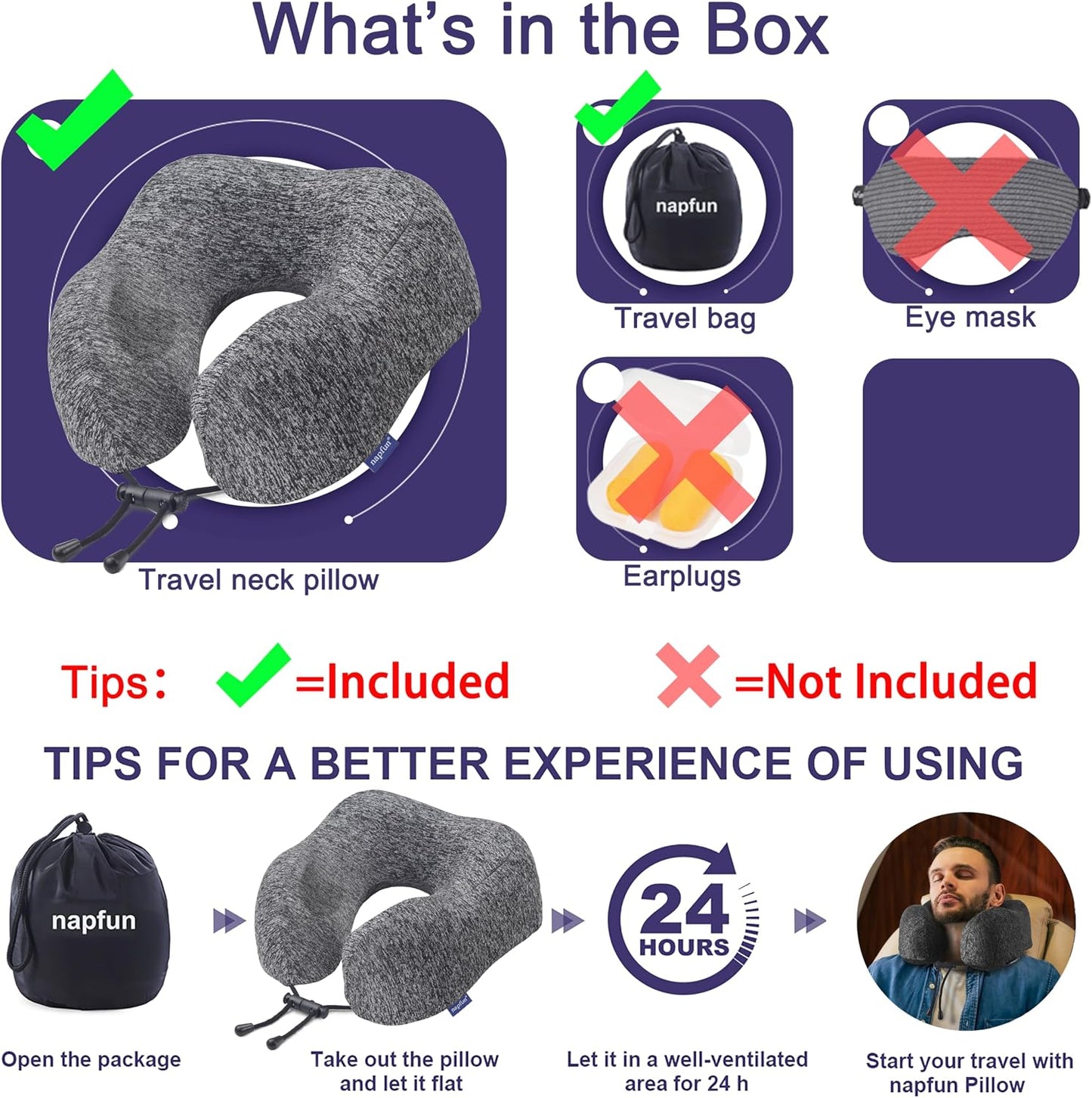 napfun Neck Pillow for Traveling, Upgraded Travel Neck Pillow for Airplane 100% Pure Memory Foam Travel Pillow for Flight Headrest Sleep, Portable Plane Accessories, Light Grey