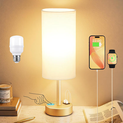 Dicoool Touch Table Lamp for Bedroom, 3 Way Dimmable Bedside Lamp with USB C & A Charging Ports - Small Desk Lamp for Dorm Room, College, Kids, Office, Living Room, White