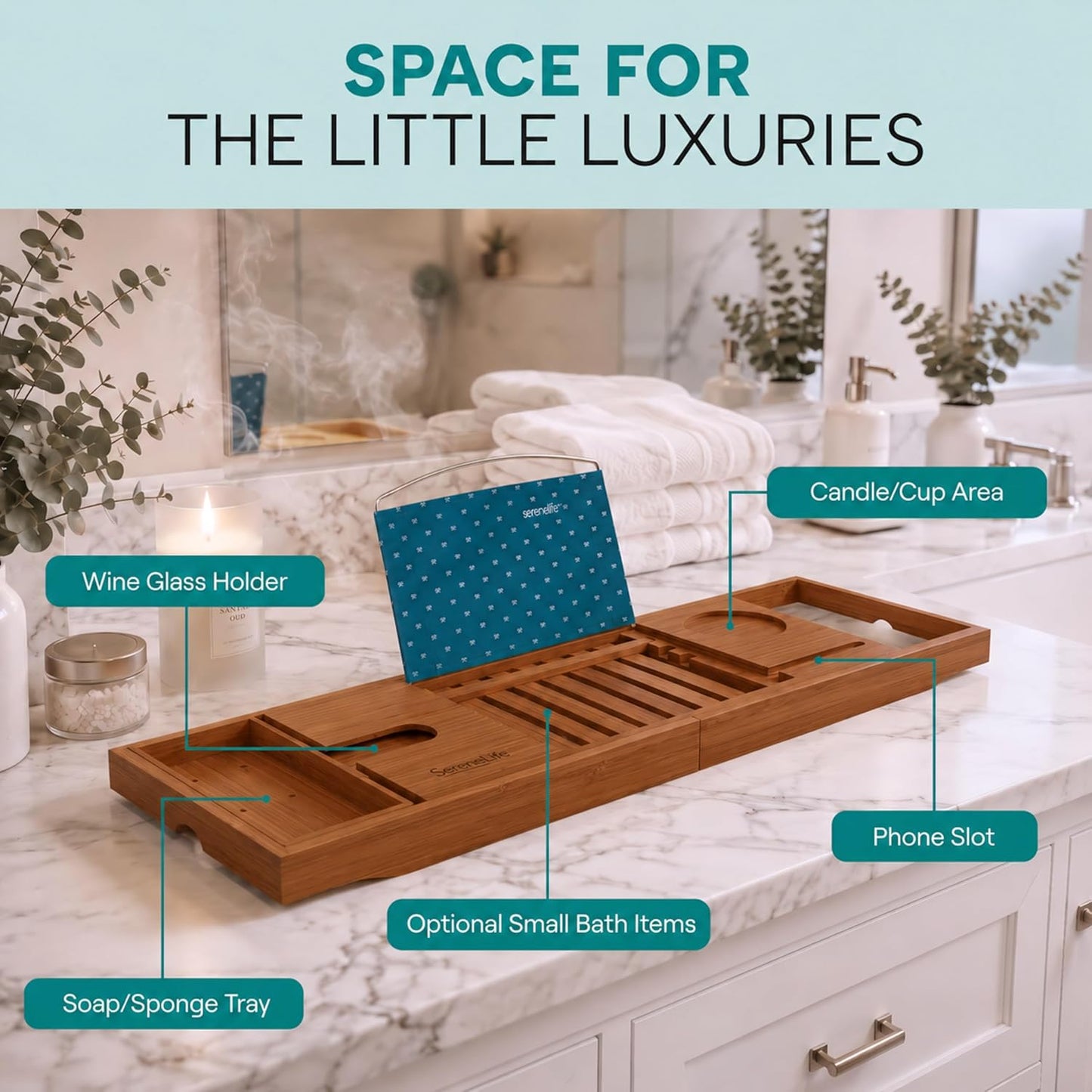 SereneLife 2 in 1 Bed and Bath Tray - Foldable Bamboo Bathtub Caddy with Adjustable Length, Non-Slip, Device Holder, Wine Glass Slot, Expandable for Comfortable Bathing, Natural, Folding Set