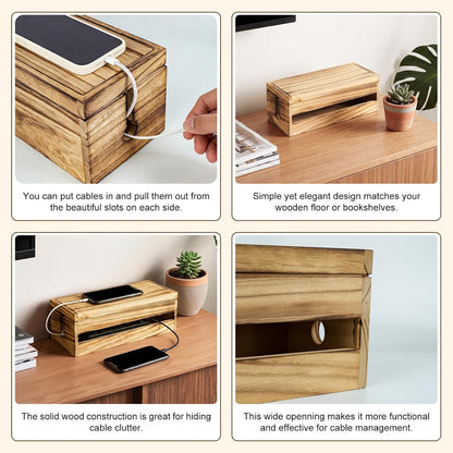 Changsuo Cable Management Box Wooden Cord Organizer Box for Extension Cord Power Stripe Surge Protector Wire Management Concealer Cover Hider for Desktop Home Office Kitchen (Brown)