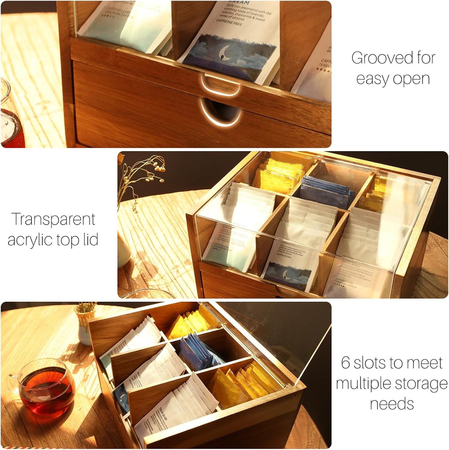 HTB Acacia Wood Tea Bag Organizer Storage Box with 6 Compartments