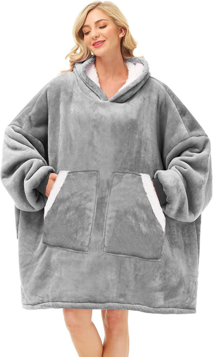 Kipswiza Wearable Blanket Hoodie Gifts for Women and Men, Oversized Cozy Warm Flannel Sherpa Hooded Blankets Sweatshirt with Giant Pockets for Adult and Teens, Dark Gray