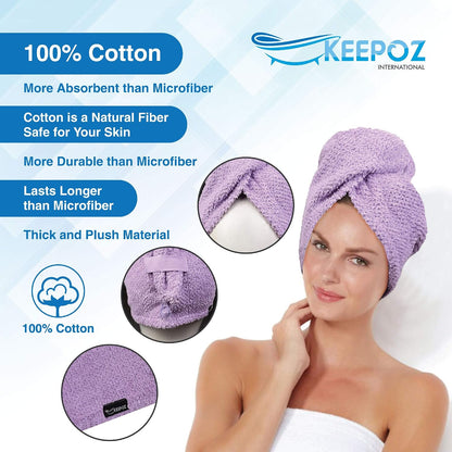 KEEPOZ 100% Cotton Hair Towel Wrap Quick Dry Super Absorbent Turban Head Wrap for Women with Button, Anti Frizz, Hair Cap for Curly, Long & Thick Hair (White, 1 Pc)
