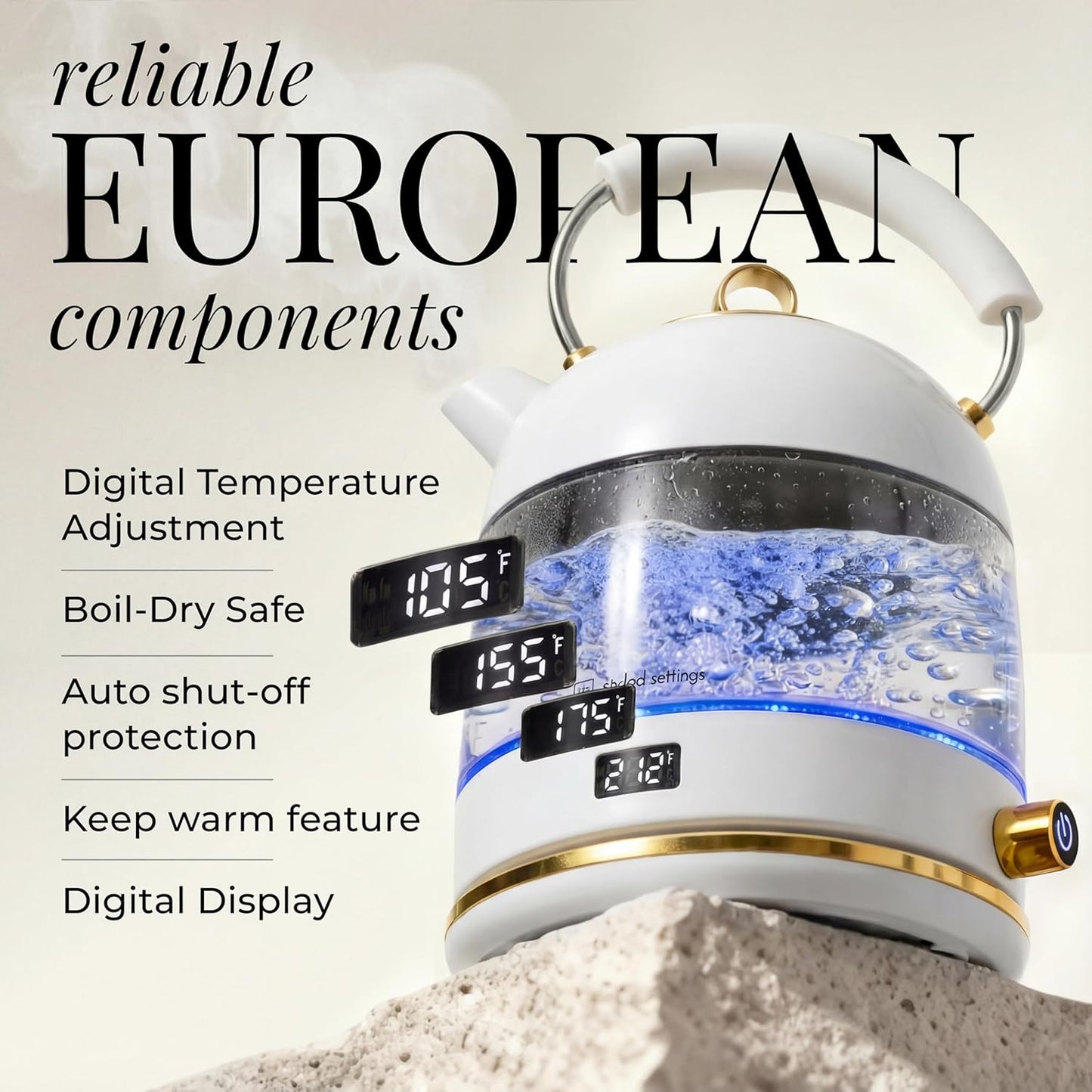 Stainless Steel Electric Kettle with Temperature Control - BPA and Plastic Free Electric Kettle with Keep Warm Function, Borosilicate Glass - Fast 1500W Hot Water Boiler, Auto Shut-Off