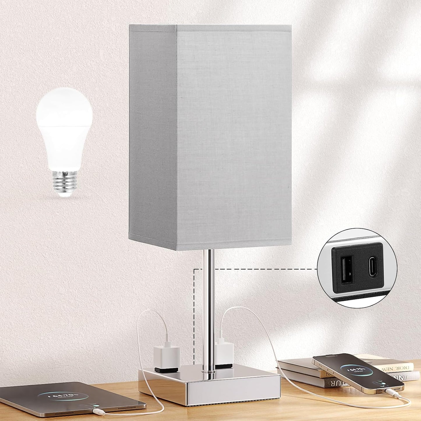 【Upgraded】Bedside Table Lamp Touch Control, with USB C+A Charging Ports & Dual AC Outlets, 3-Way Nightstand Lamp for Bedroom with LampShade Living Room Office(LED Dimmable Bulb Included)