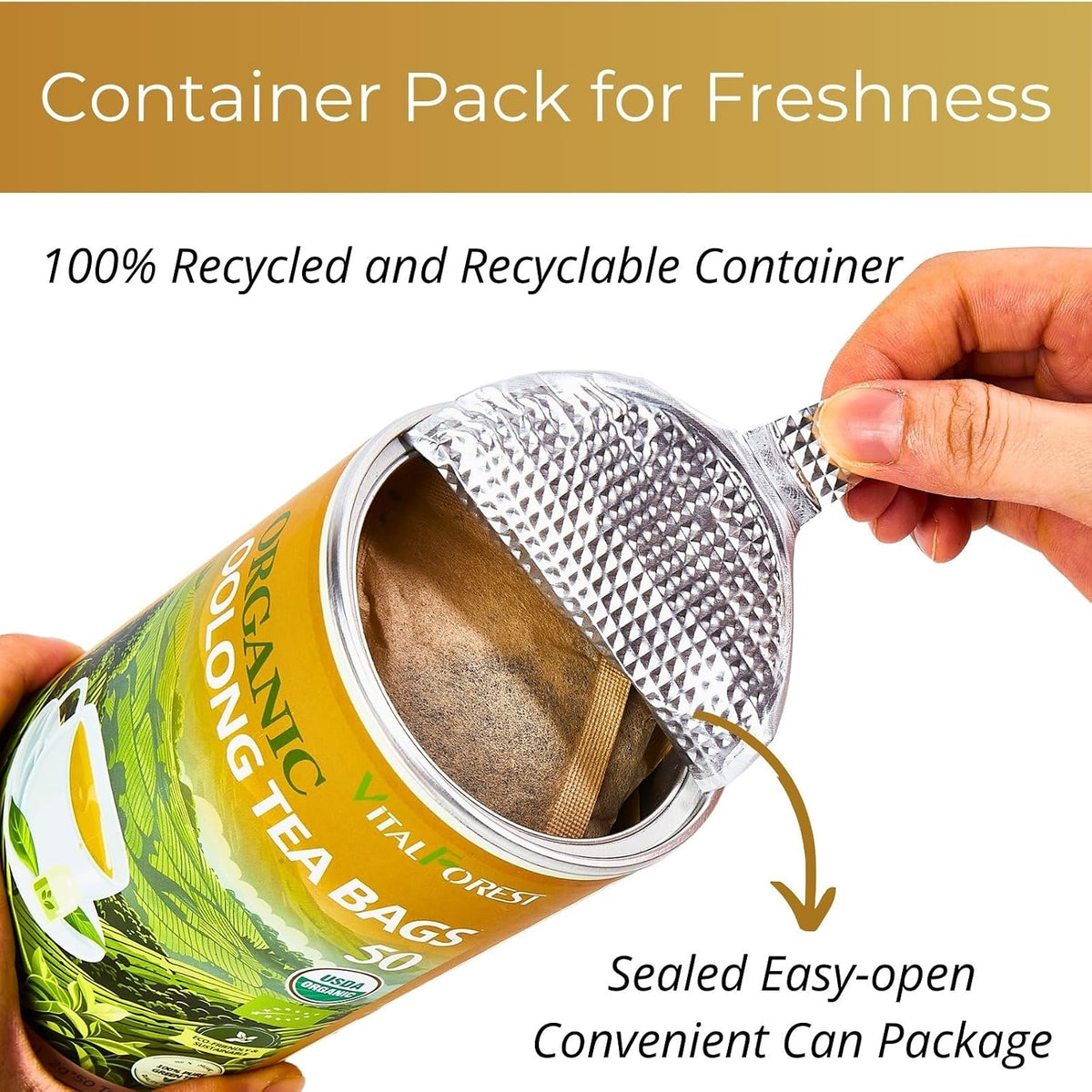 Organic Oolong Tea Bags, 50 Count, Unbleached, ECO-Conscious Chinese Oolong Tea, VitalForest High Mountain Tea Tie Guan Yin, Non-GMO, Container Pack for Gift Set