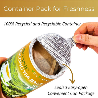 Organic Oolong Tea Bags, 50 Count, Unbleached, ECO-Conscious Chinese Oolong Tea, VitalForest High Mountain Tea Tie Guan Yin, Non-GMO, Container Pack for Gift Set