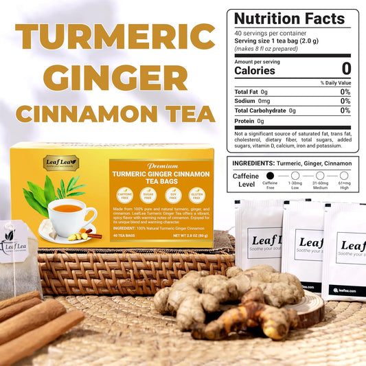 LeafLea Turmeric Ginger Cinnamon Tea Bags, 40 Ct Caffeine-Free Herbal Tea