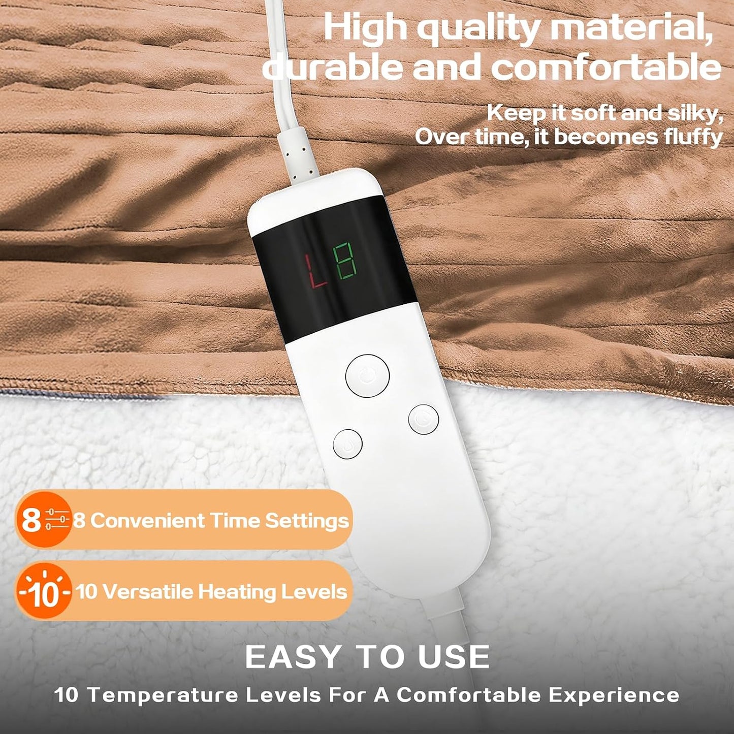 Electric Heated Blanket Throw Size 50''x60''-Control Heating Blanket, Soft & Warm Flannel 10-Level Temperature Control, 8 Hours Auto Off, Rapid Heating & Overheat Protection