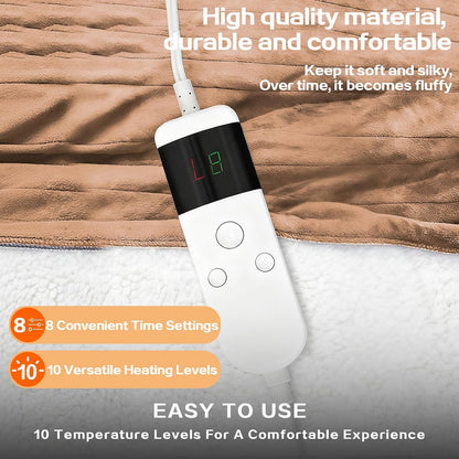Electric Heated Blanket Throw Size 50''x60''-Control Heating Blanket, Soft & Warm Flannel 10-Level Temperature Control, 8 Hours Auto Off, Rapid Heating & Overheat Protection
