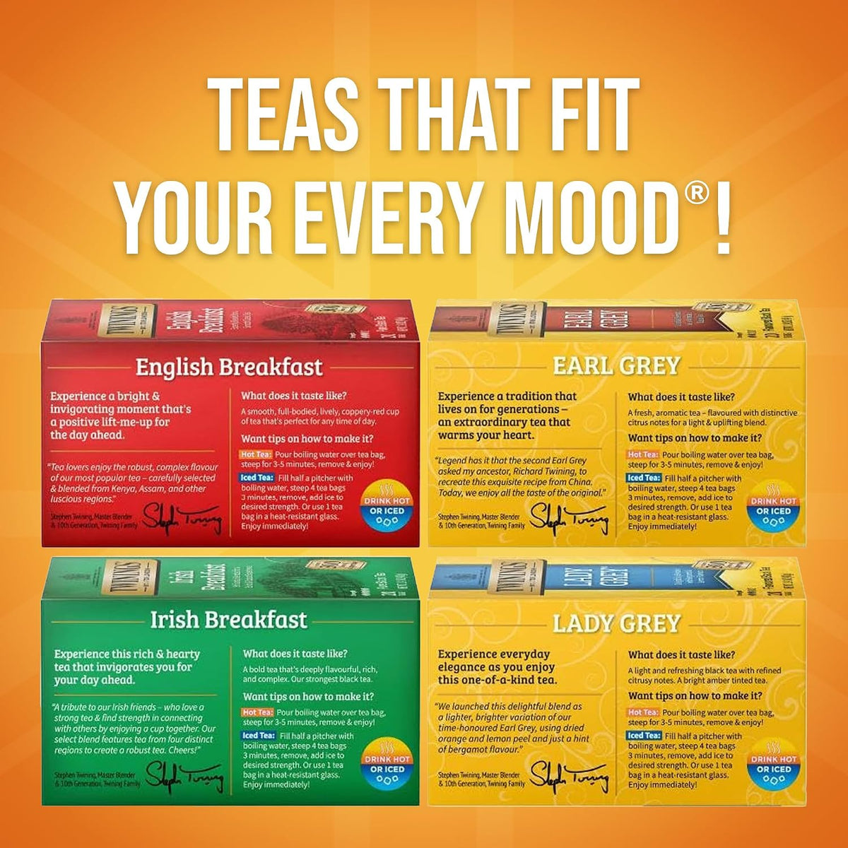 Twinings Variety Pack Black Tea Bags, 20 Count (Pack of 4), Includes English Breakfast, Earl Grey, Irish Breakfast, and Lady Grey, Caffeinated, Enjoy Hot or Iced, 80 Teabags