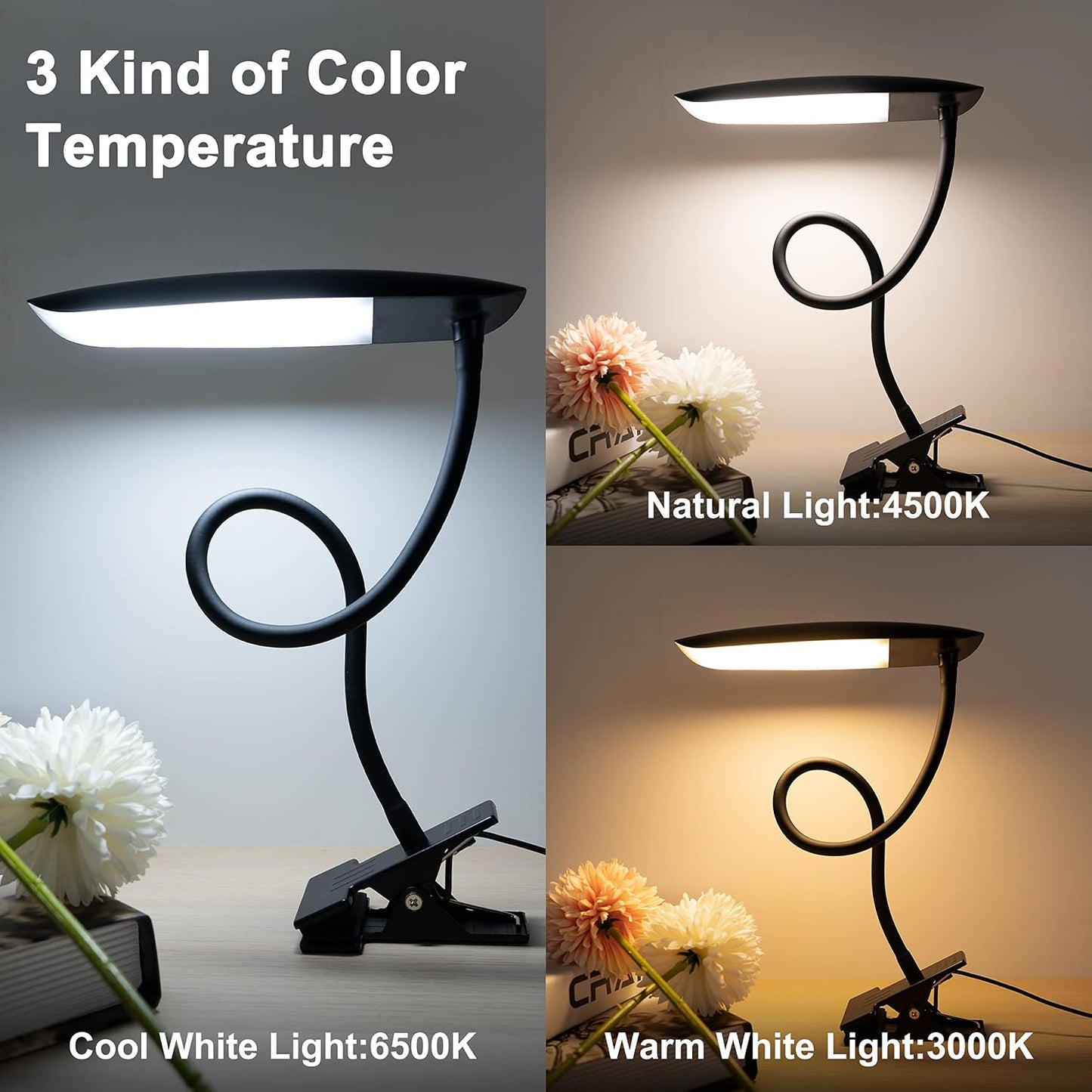 LiFMIRA Clip on Light USB Reading Light Desk Lamp 3 Color Modes Black